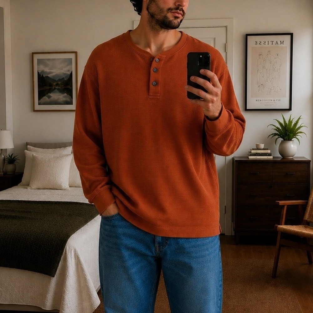 Mens‎ Waffle Knit Henley Long Sleeve Shirt Size 2X Orange Workwear Outdoor
